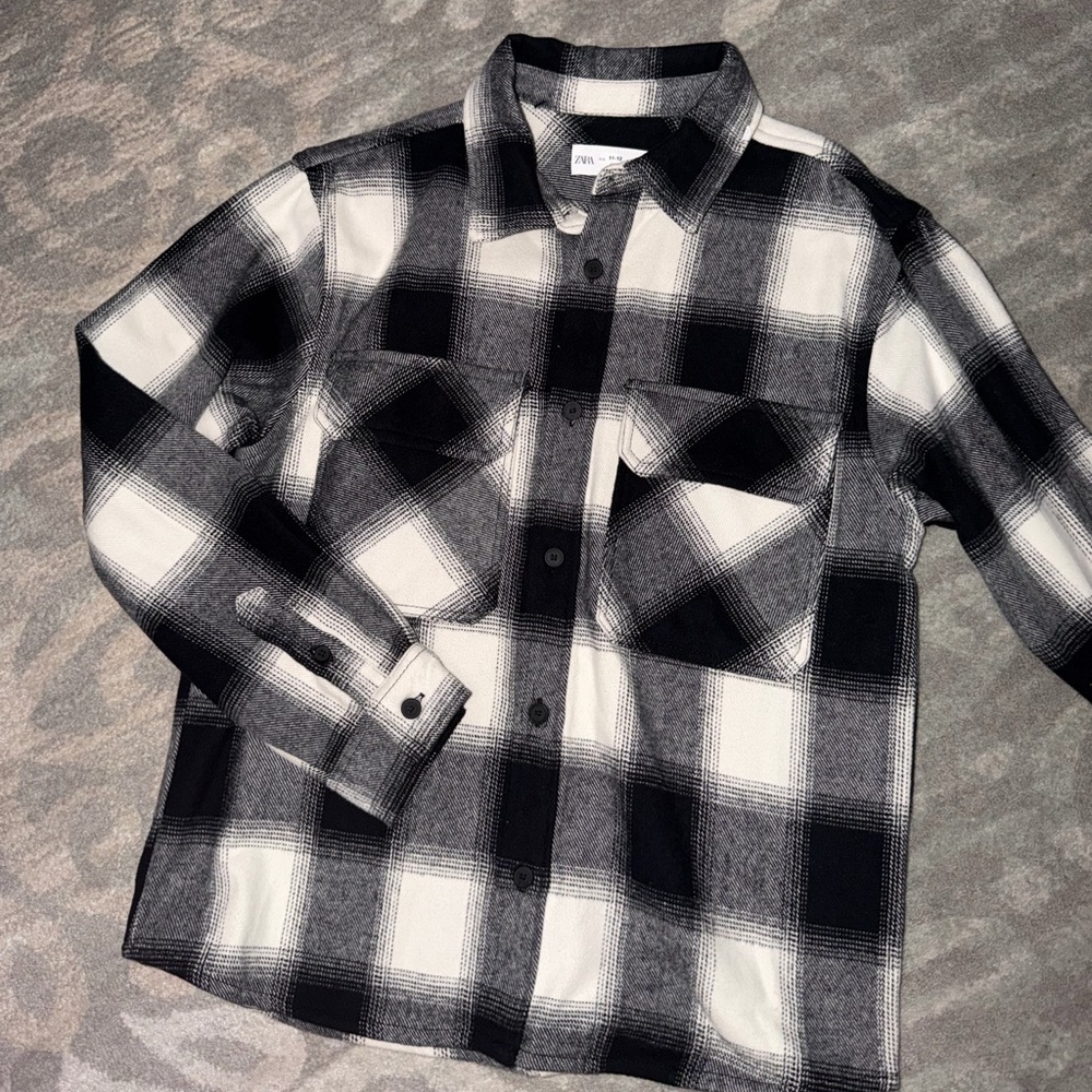 Boys Zara Black and White Plaid Button-Up Shirt
